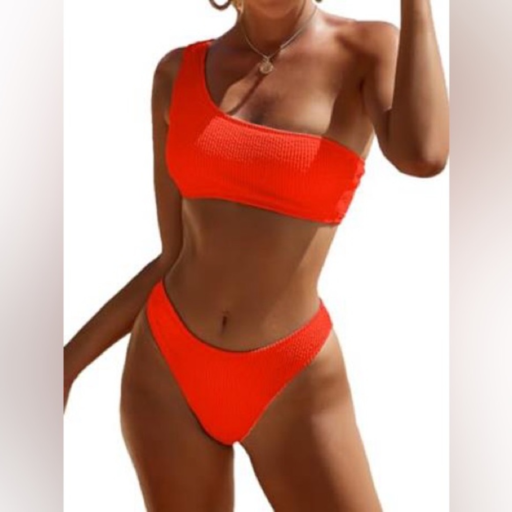 Medium Women's Ribbed Bikini Sets One Shoulder Top with Mid Waist Two Piece